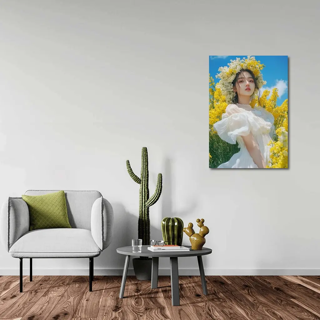 Young Woman White Dress Yellow Flower Field – Wall Art