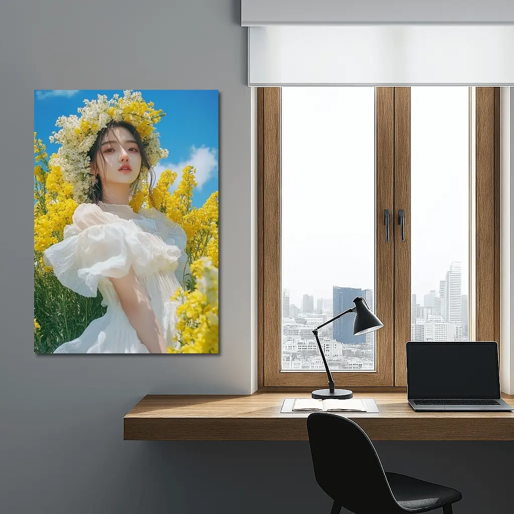 Young Woman White Dress Yellow Flower Field – Wall Art