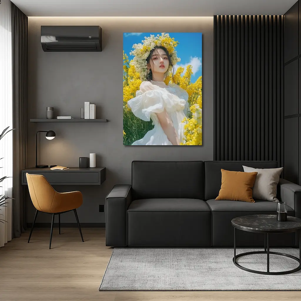 Young Woman White Dress Yellow Flower Field – Wall Art