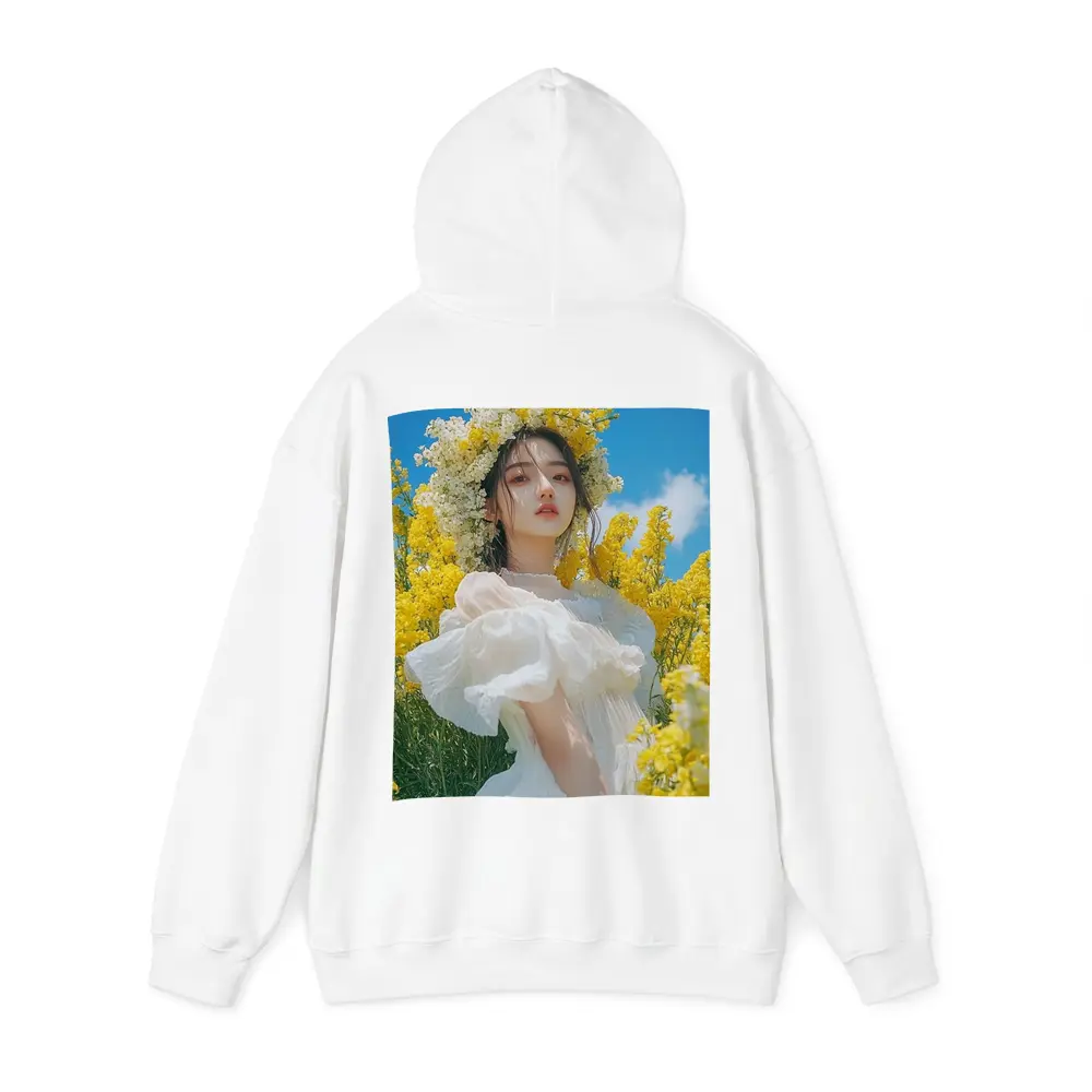 Young Woman White Dress Yellow Flower Field – Hoodies