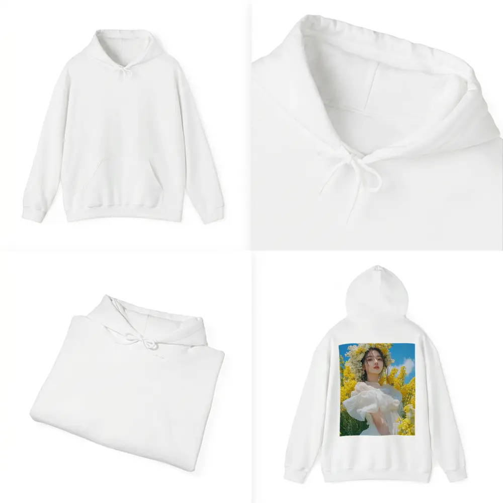 Young Woman White Dress Yellow Flower Field – Hoodies