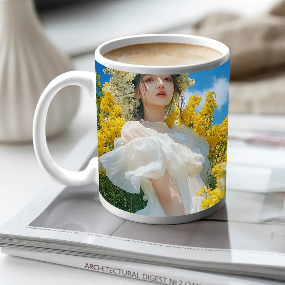 Young Woman White Dress Yellow Flower Field – Mugs