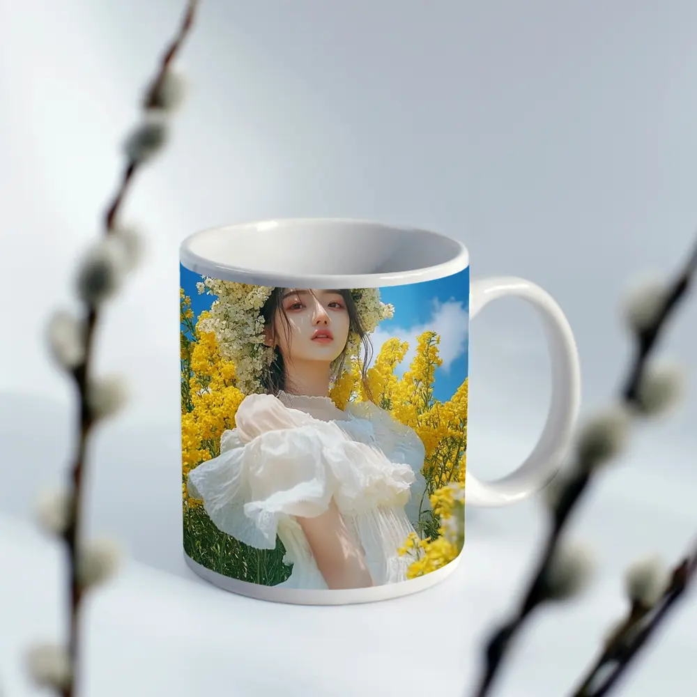 Young Woman White Dress Yellow Flower Field – Mugs