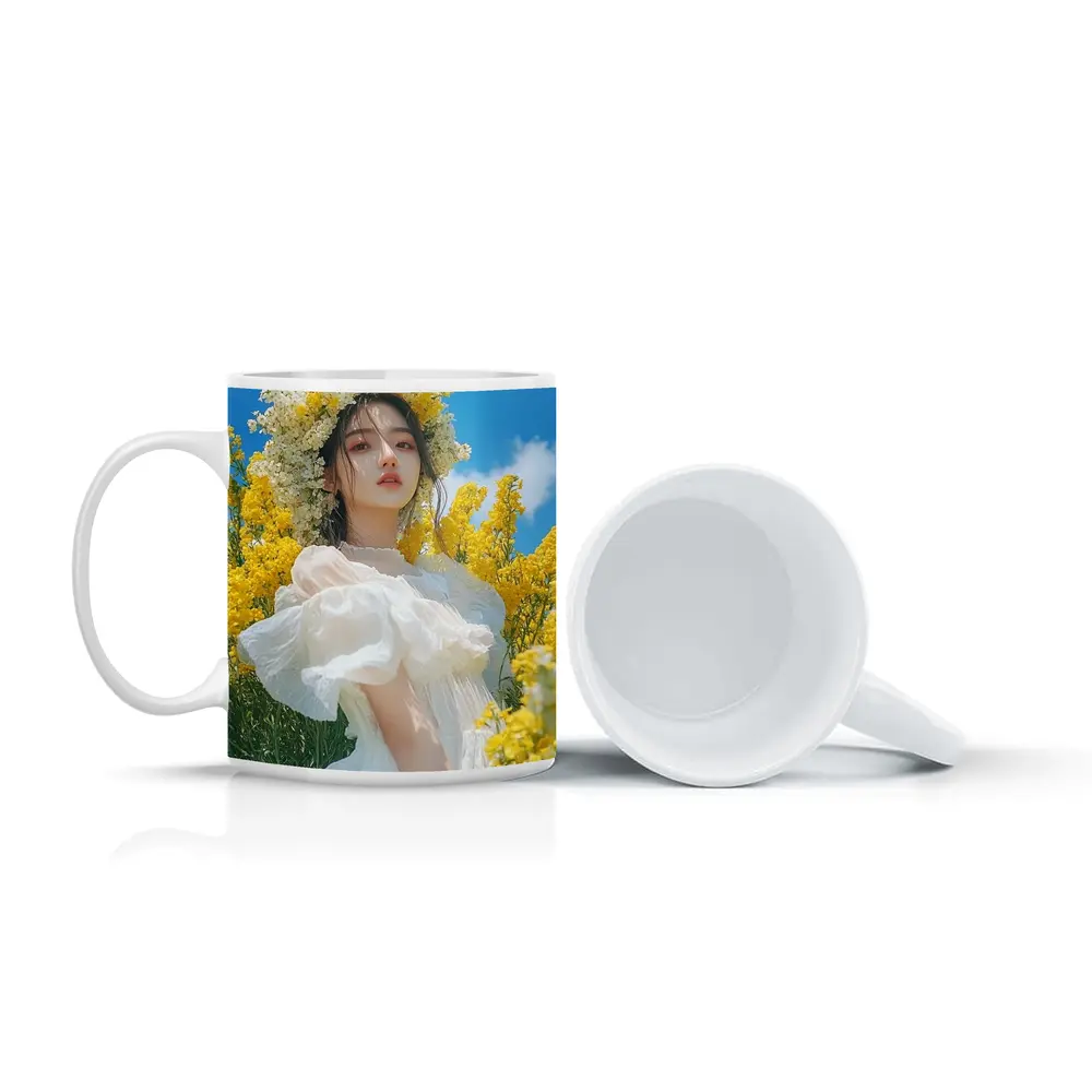 Young Woman White Dress Yellow Flower Field – Mugs
