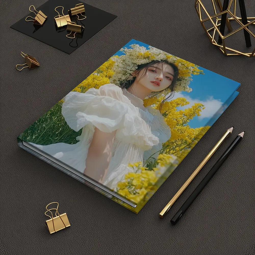 Young Woman White Dress Yellow Flower Field – Notebooks