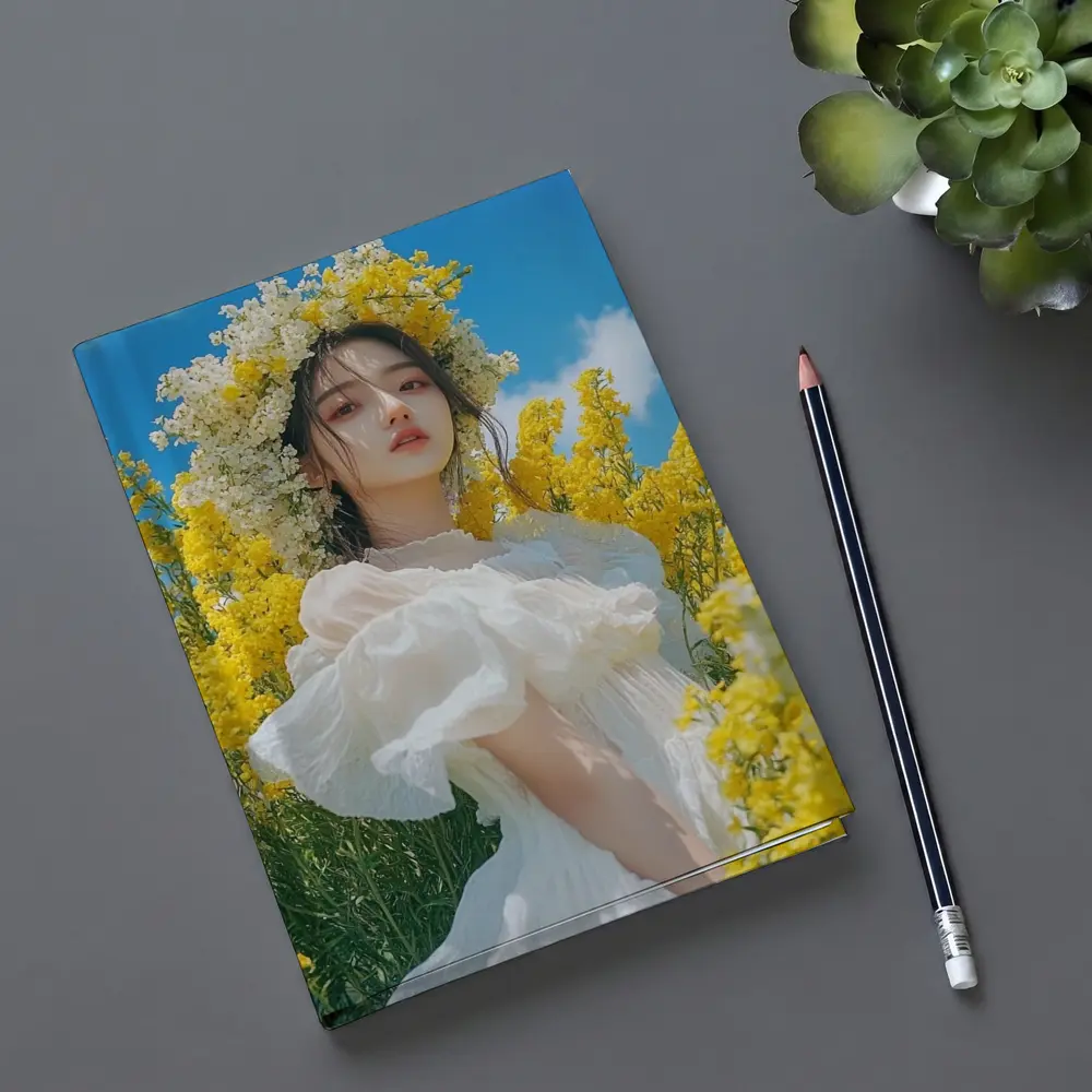 Young Woman White Dress Yellow Flower Field – Notebooks
