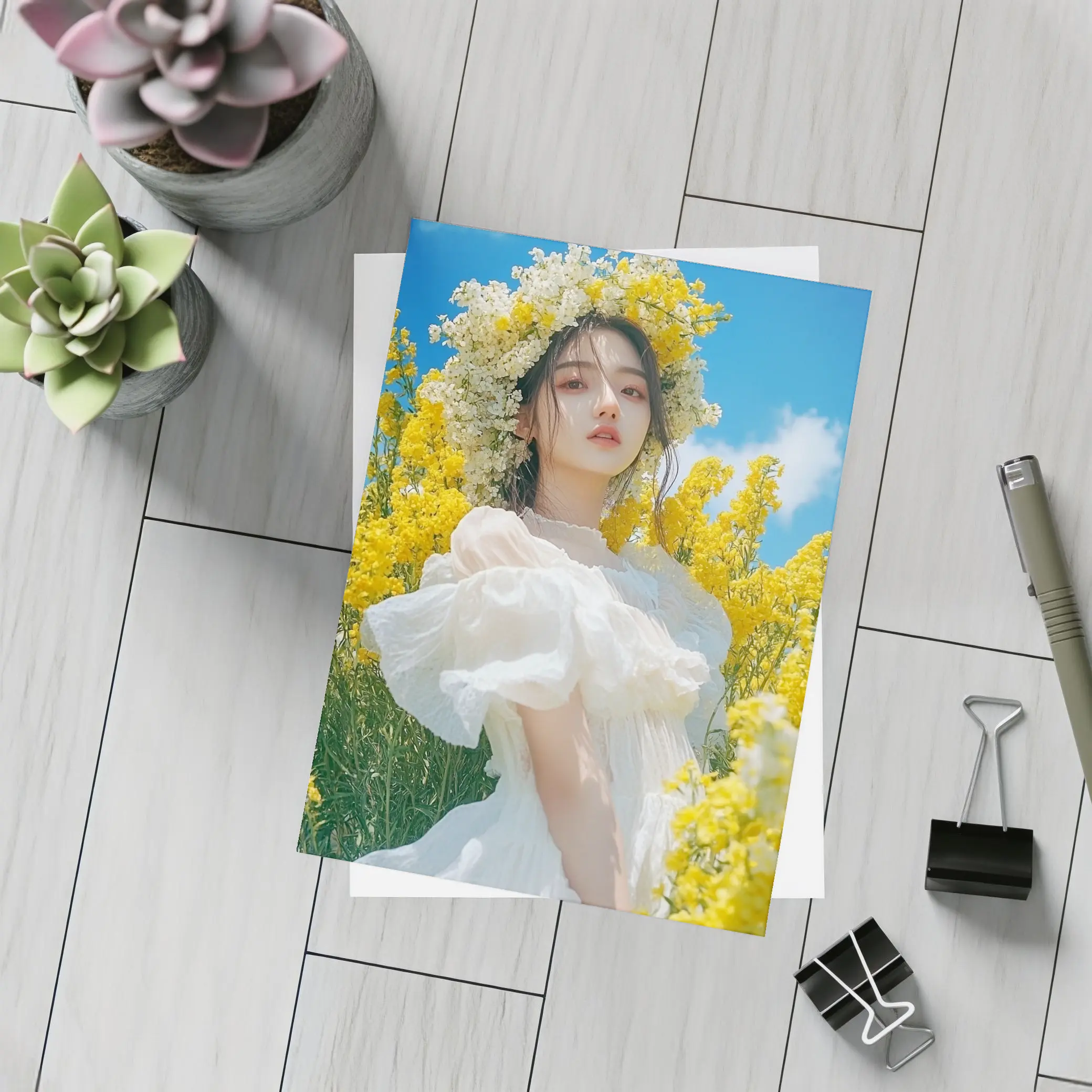 Young Woman White Dress Yellow Flower Field – Postcards