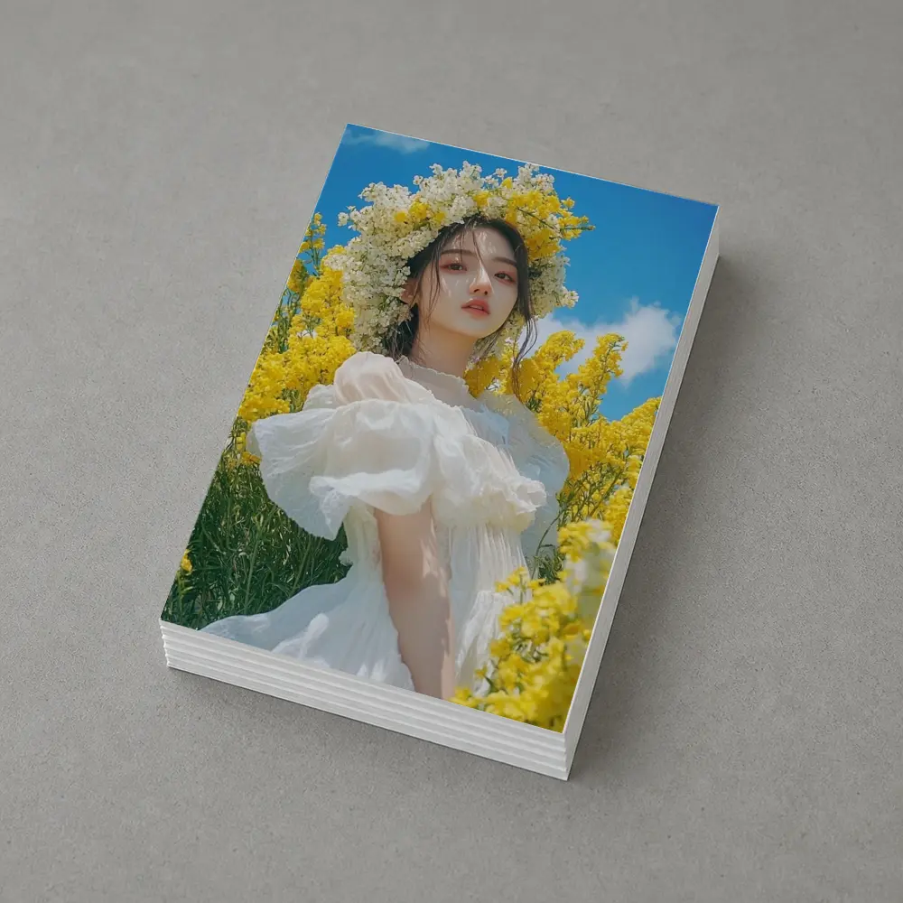 Young Woman White Dress Yellow Flower Field – Postcards