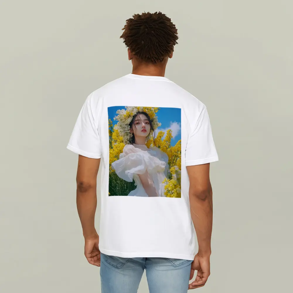 Young Woman White Dress Yellow Flower Field – T-Shirts