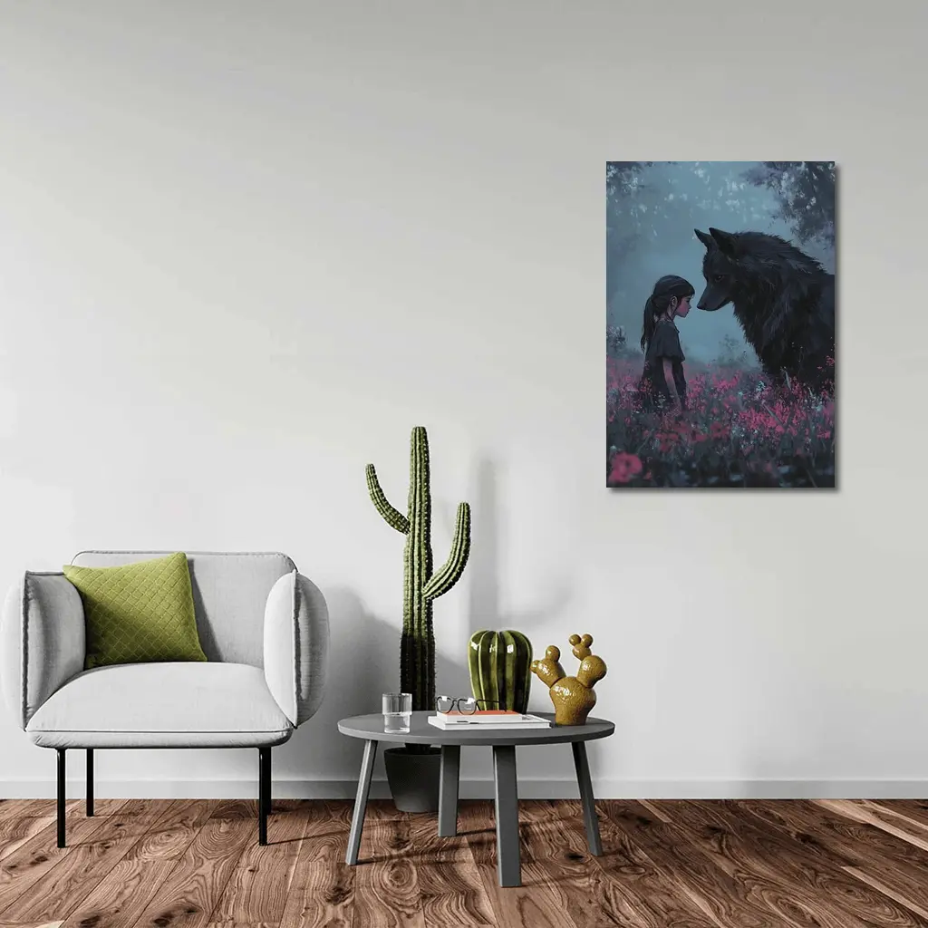 Girl and Black Wolf in Misty Flower Field – Wall Art