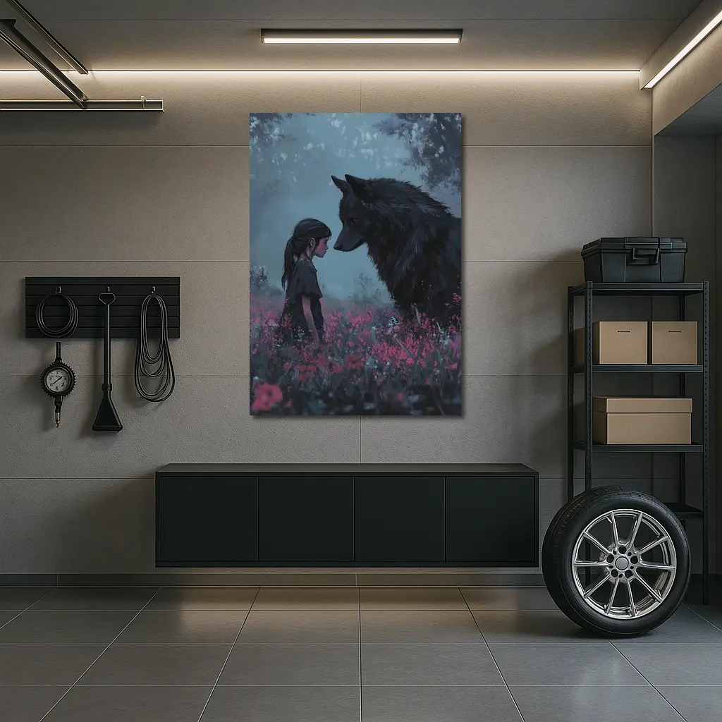 Girl and Black Wolf in Misty Flower Field – Wall Art
