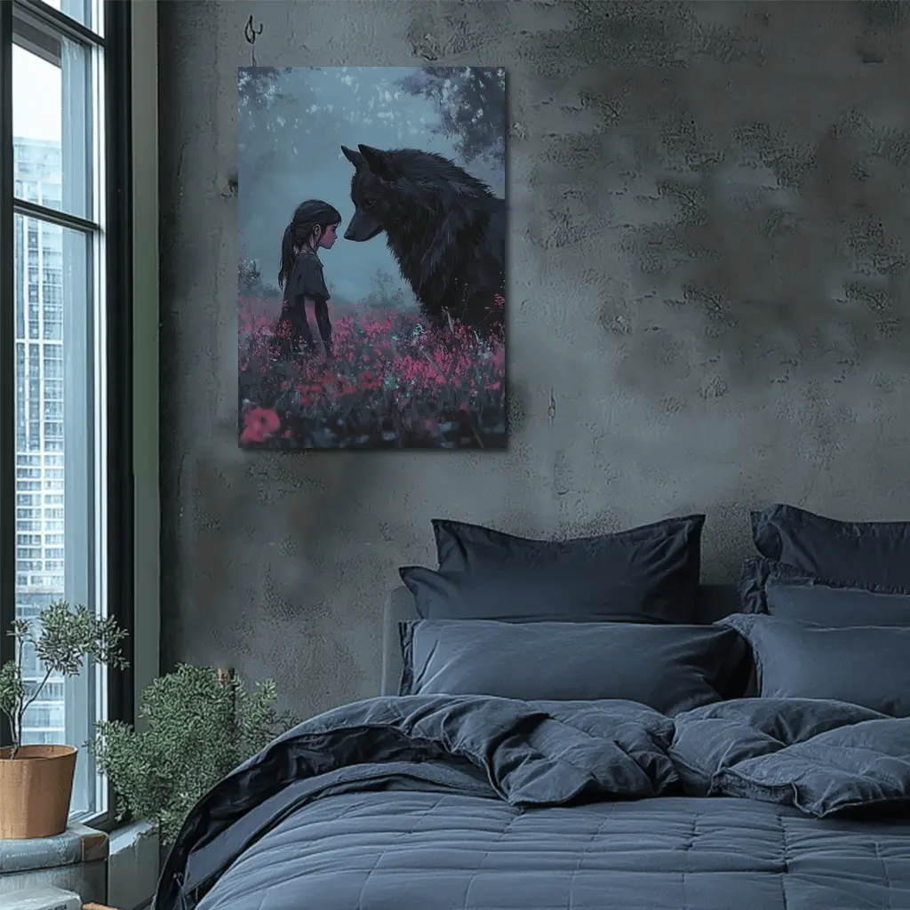 Girl and Black Wolf in Misty Flower Field – Wall Art
