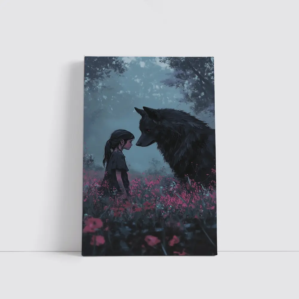 Girl and Black Wolf in Misty Flower Field – Wall Art