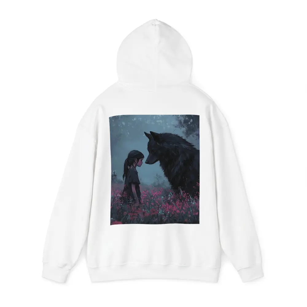 Girl and Black Wolf in Misty Flower Field – Hoodies