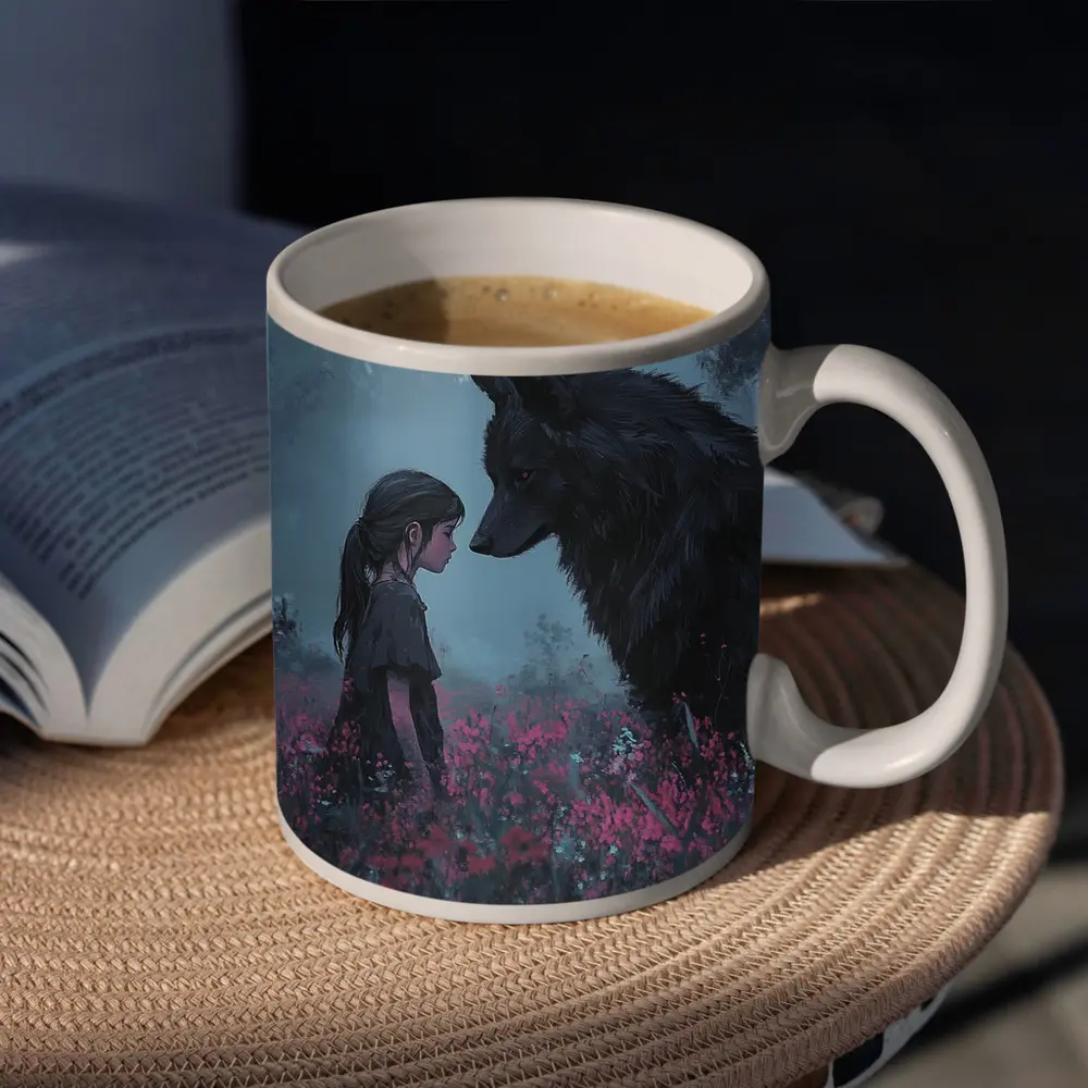 Girl and Black Wolf in Misty Flower Field – Mugs