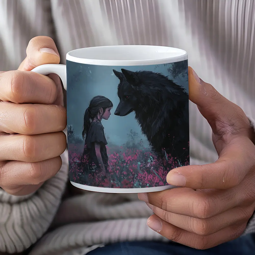 Girl and Black Wolf in Misty Flower Field – Mugs