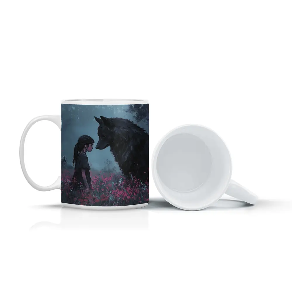 Girl and Black Wolf in Misty Flower Field – Mugs