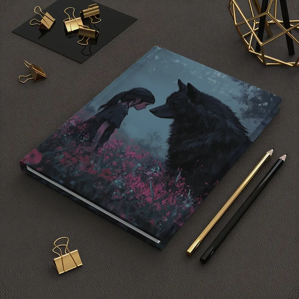 Girl and Black Wolf in Misty Flower Field – Notebooks