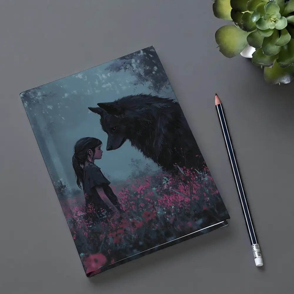 Girl and Black Wolf in Misty Flower Field – Notebooks