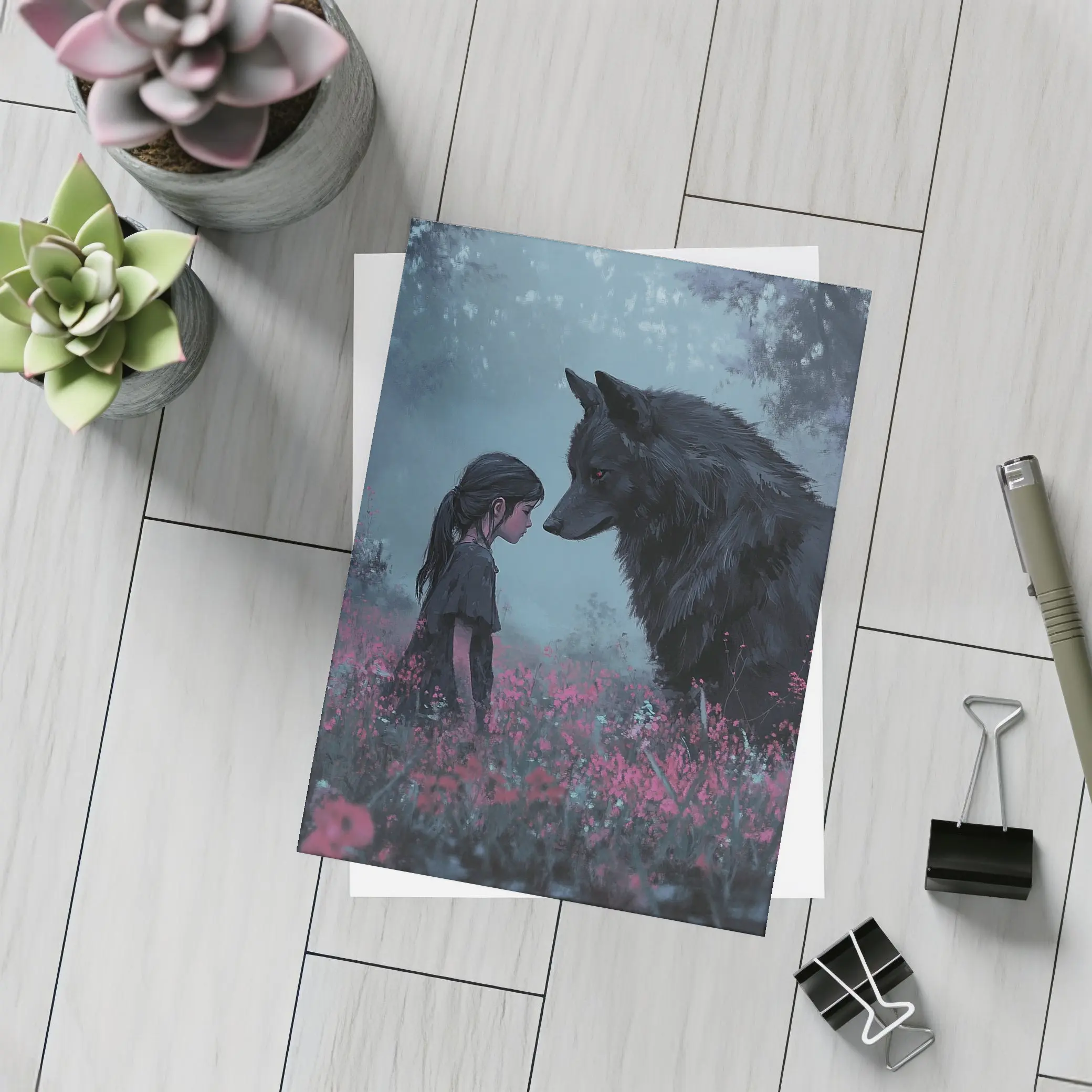 Girl and Black Wolf in Misty Flower Field – Postcards