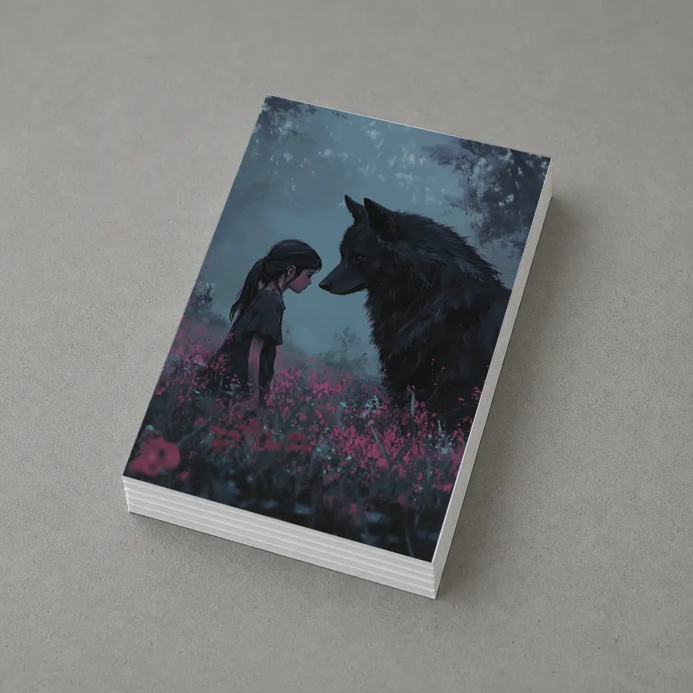 Girl and Black Wolf in Misty Flower Field – Postcards