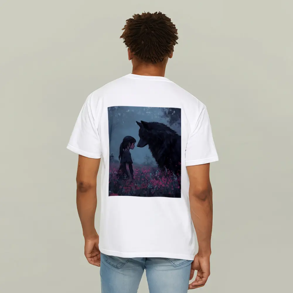 Girl and Black Wolf in Misty Flower Field – T-Shirts