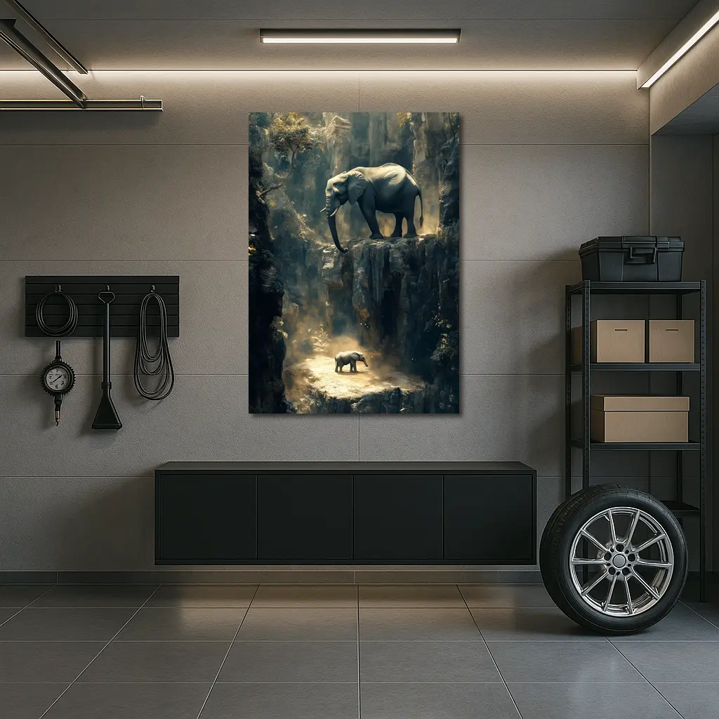 Elephants on Rocky Canyon Cliff Surreal – Wall Art