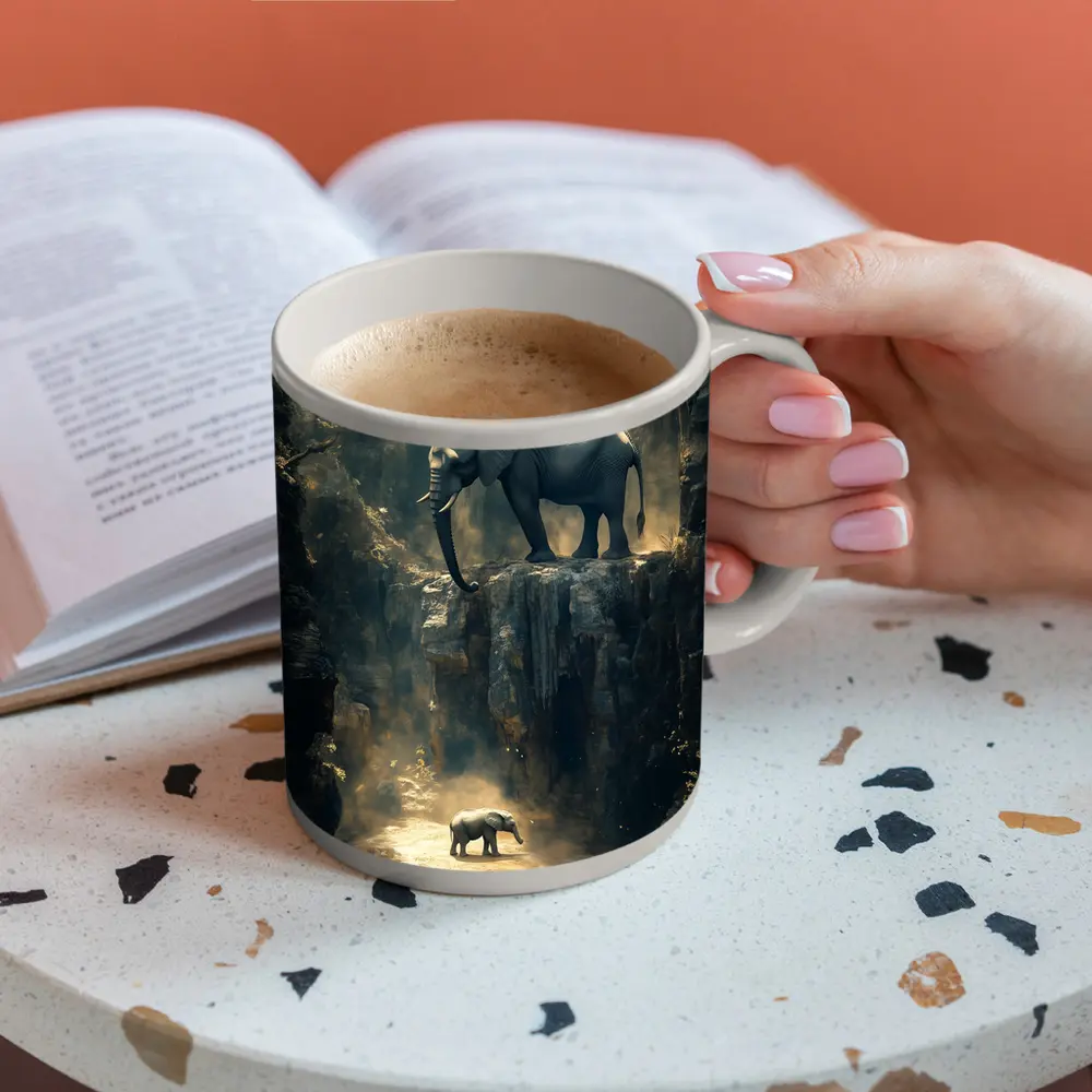 Elephants on Rocky Canyon Cliff Surreal – Mugs