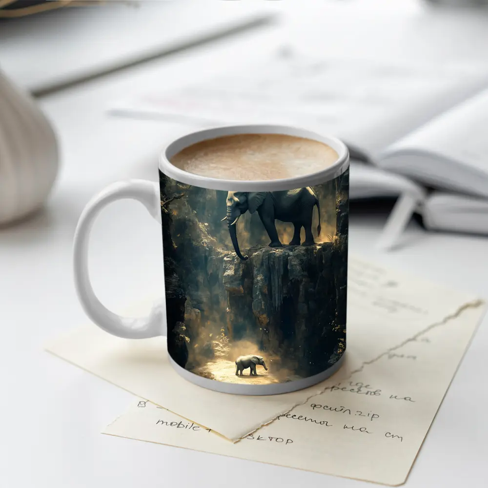 Elephants on Rocky Canyon Cliff Surreal – Mugs