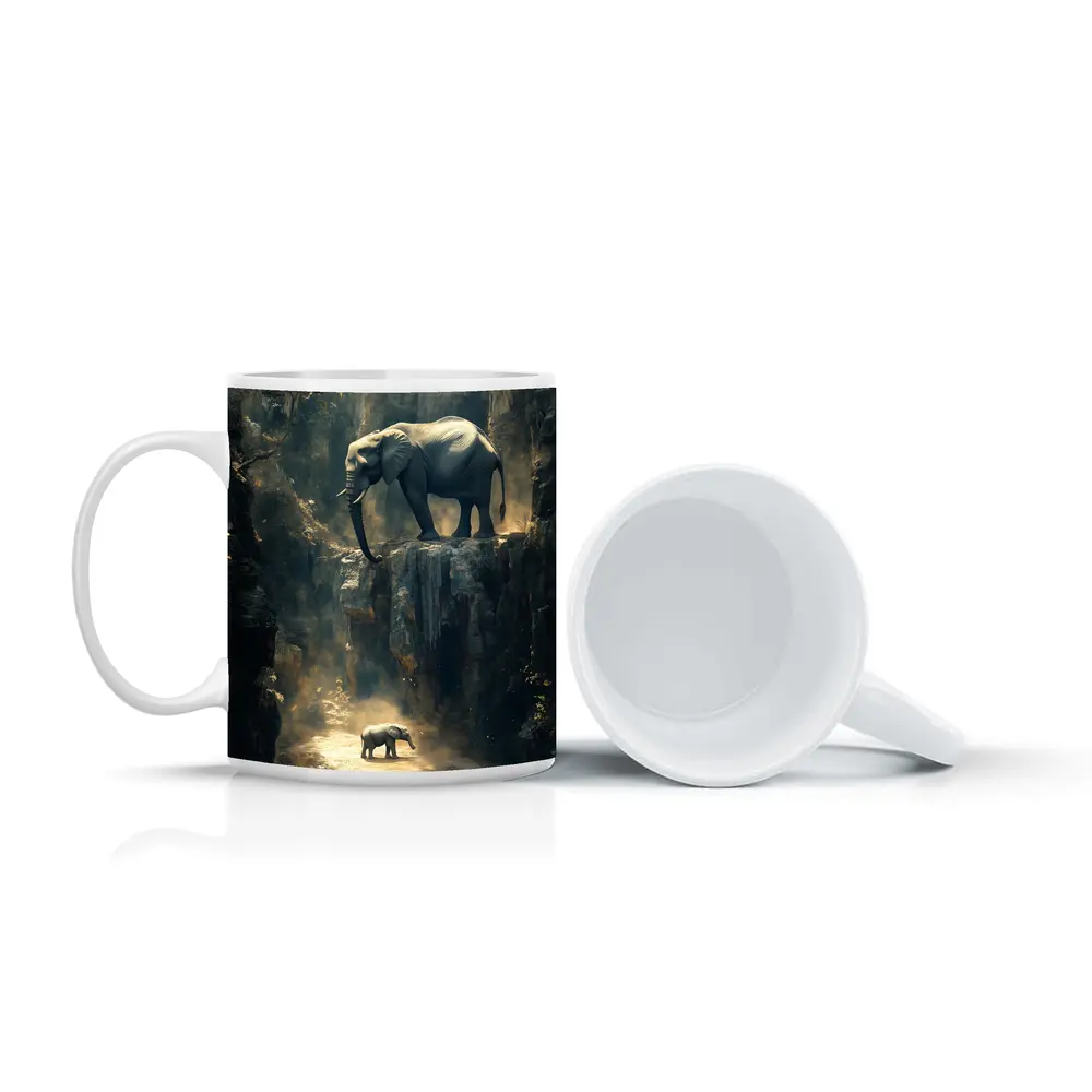 Elephants on Rocky Canyon Cliff Surreal – Mugs