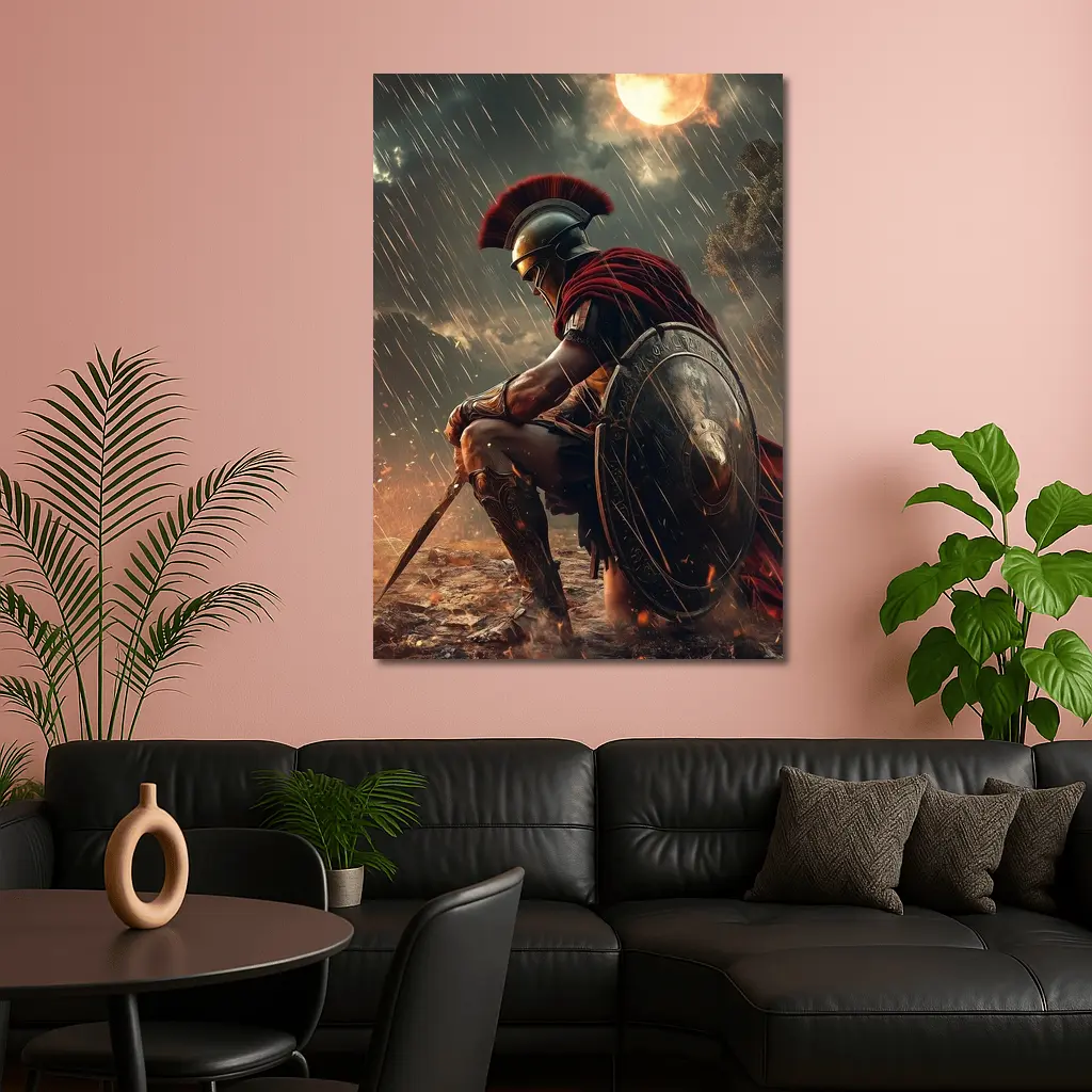 Spartan Warrior Kneeling Under Blood Moon – Wall Art