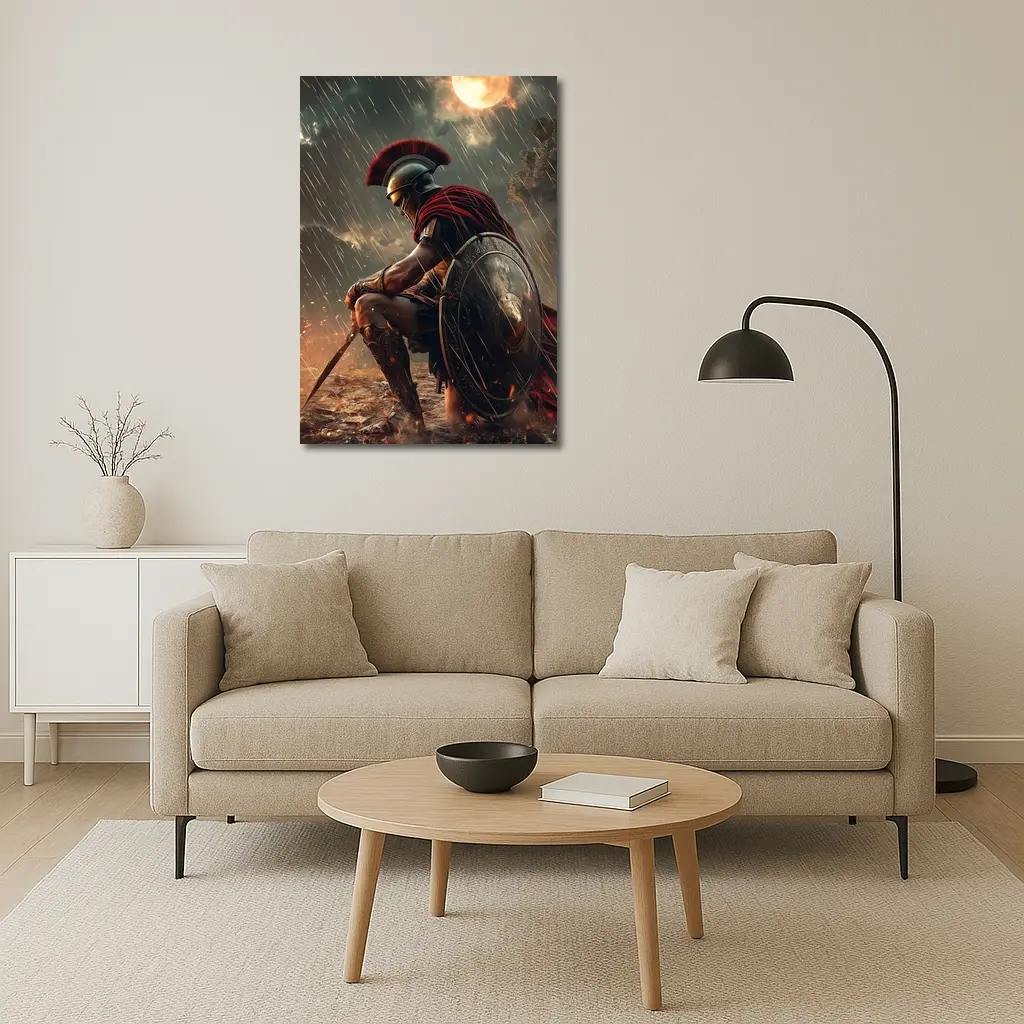Spartan Warrior Kneeling Under Blood Moon – Wall Art