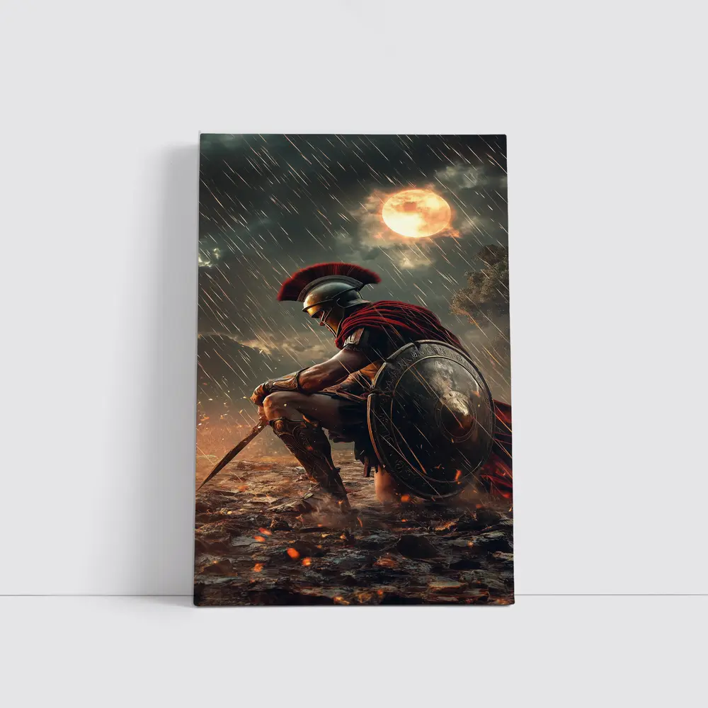 Spartan Warrior Kneeling Under Blood Moon – Wall Art