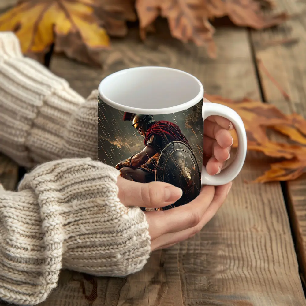 Spartan Warrior Kneeling Under Blood Moon – Mugs
