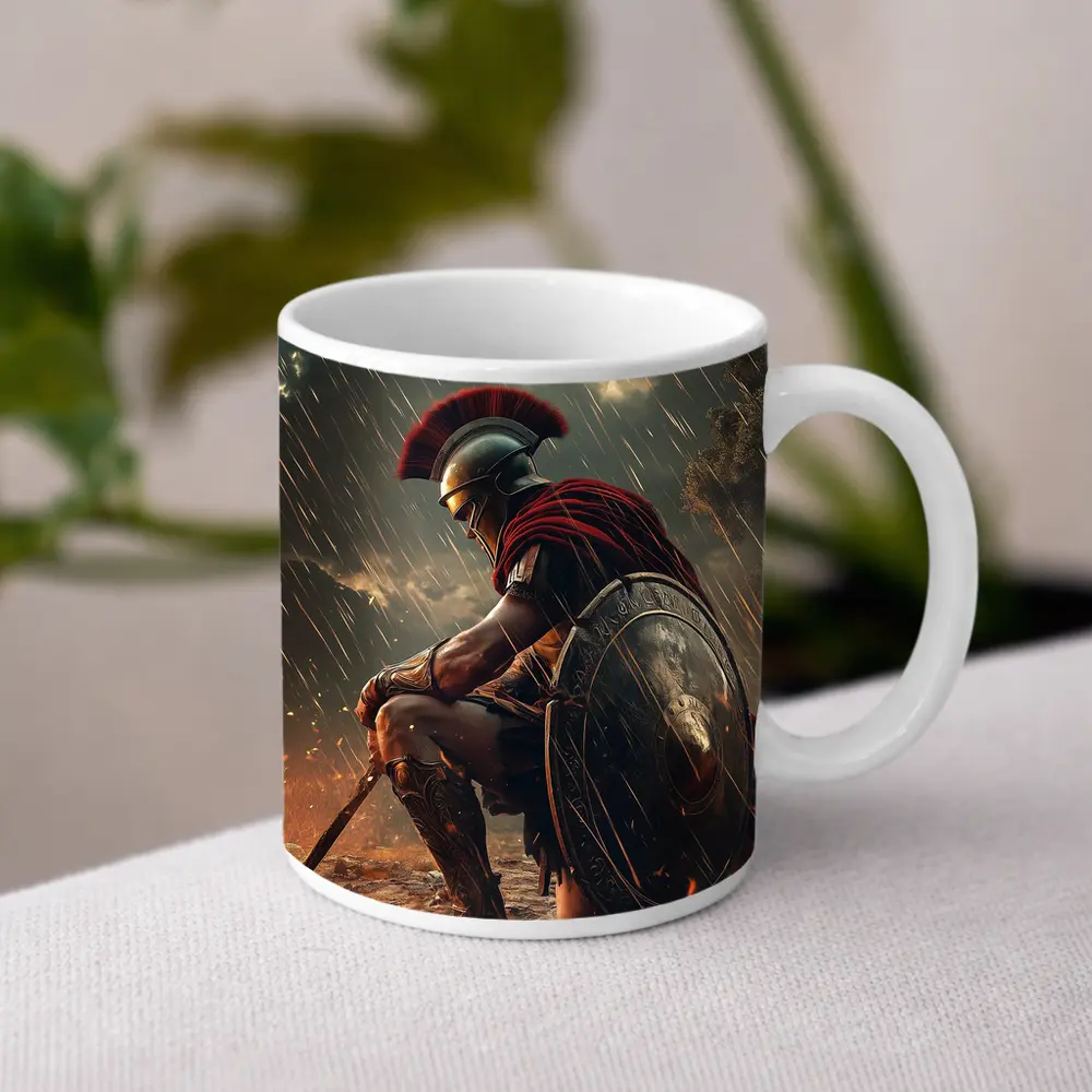 Spartan Warrior Kneeling Under Blood Moon – Mugs