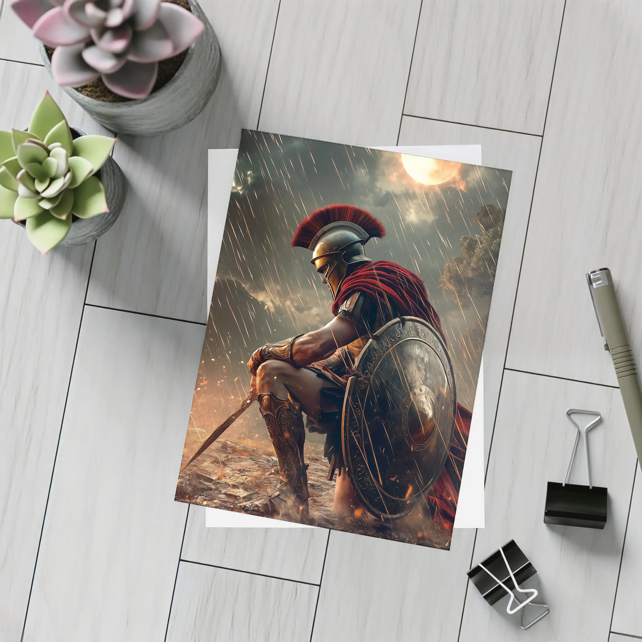 Spartan Warrior Kneeling Under Blood Moon – Postcards