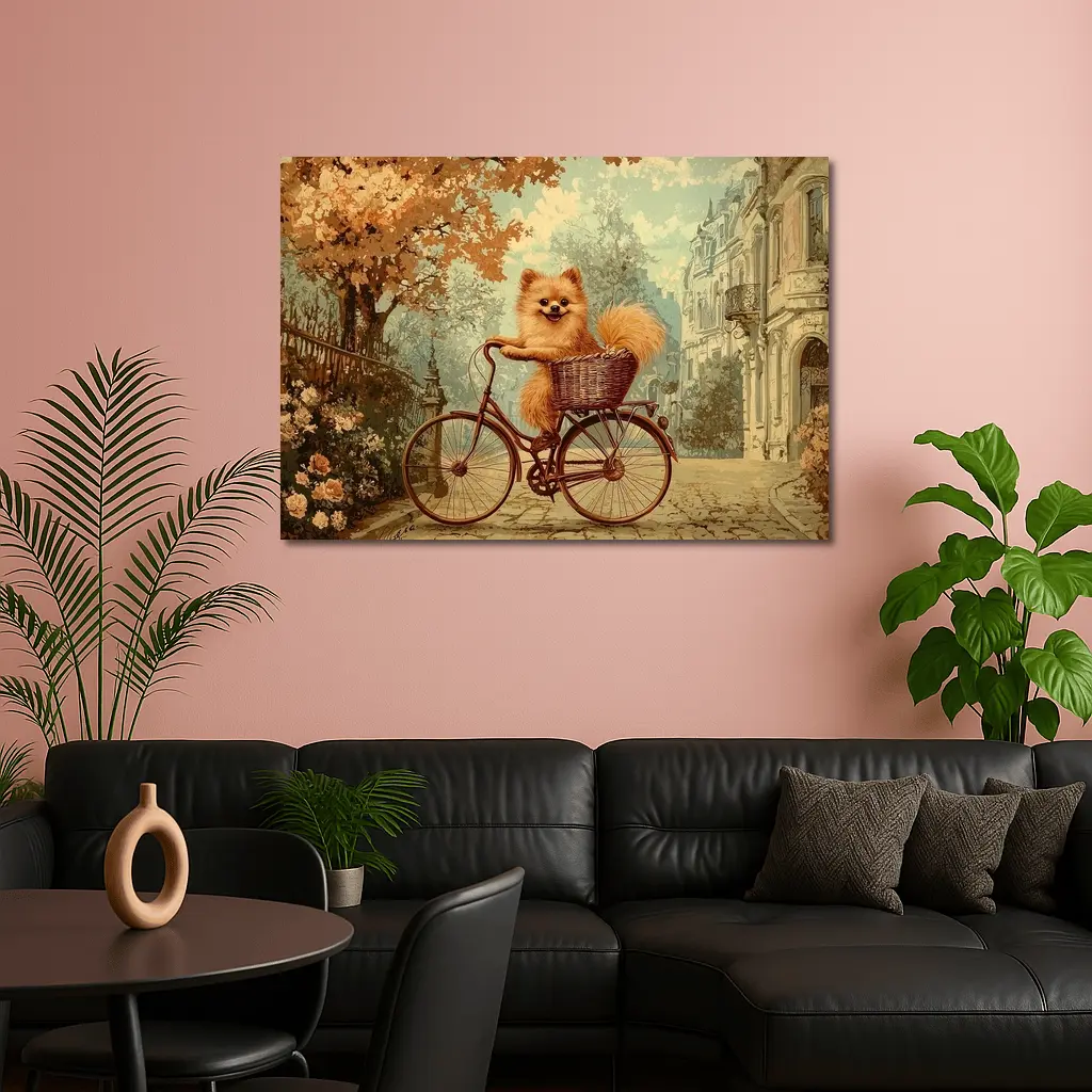 Pomeranian Dog Riding Bicycle Vintage Street – Wall Art