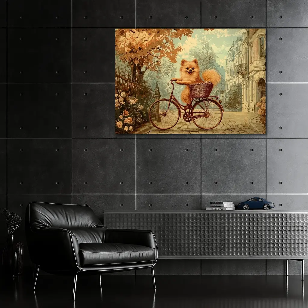Pomeranian Dog Riding Bicycle Vintage Street – Wall Art