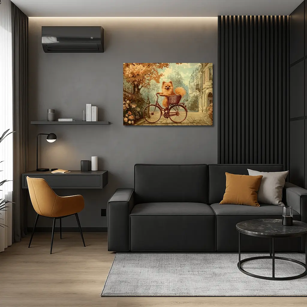 Pomeranian Dog Riding Bicycle Vintage Street – Wall Art