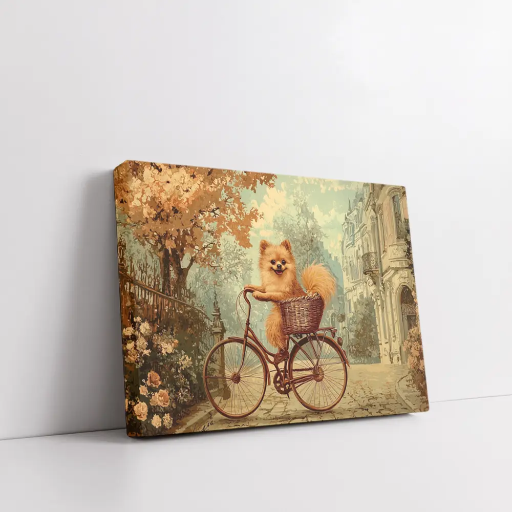 Pomeranian Dog Riding Bicycle Vintage Street – Wall Art