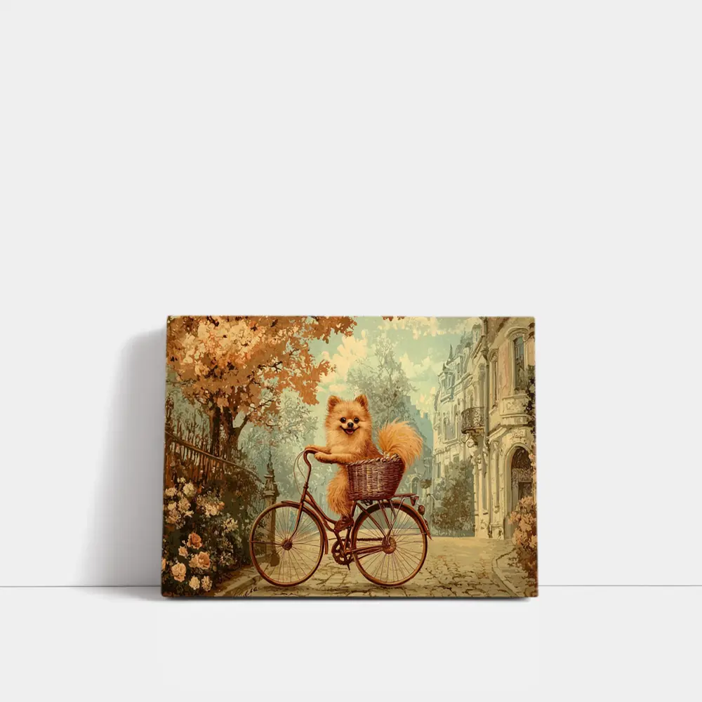 Pomeranian Dog Riding Bicycle Vintage Street – Wall Art