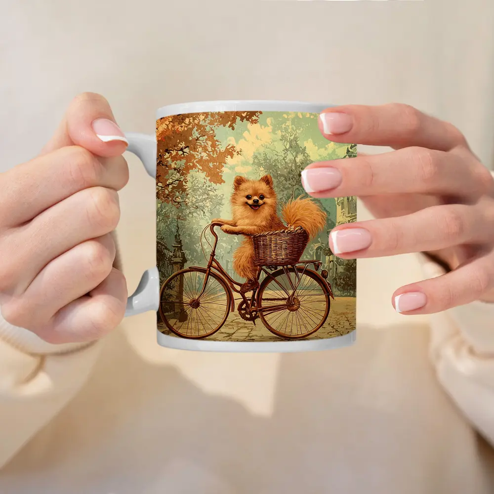 Pomeranian Dog Riding Bicycle Vintage Street – Mugs