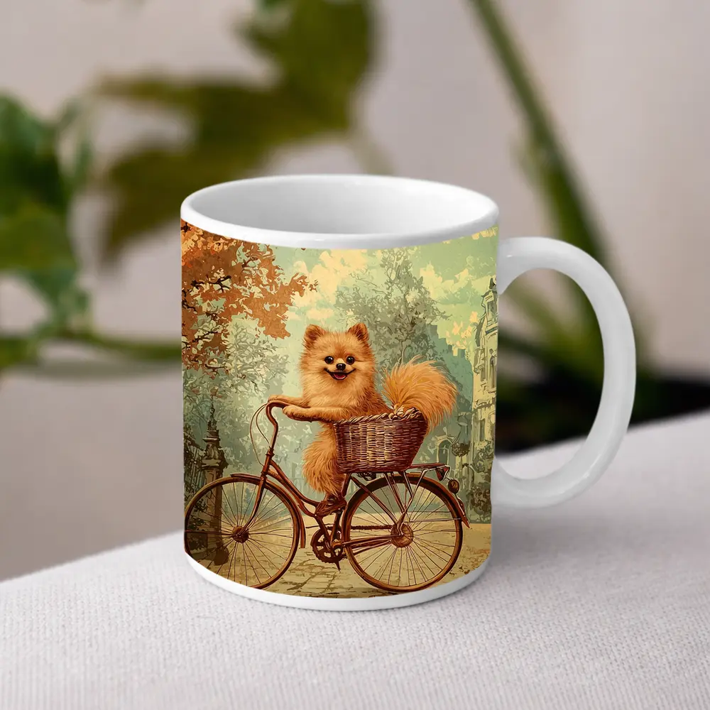 Pomeranian Dog Riding Bicycle Vintage Street – Mugs