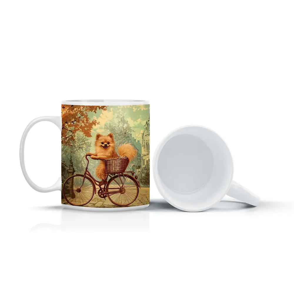 Pomeranian Dog Riding Bicycle Vintage Street – Mugs