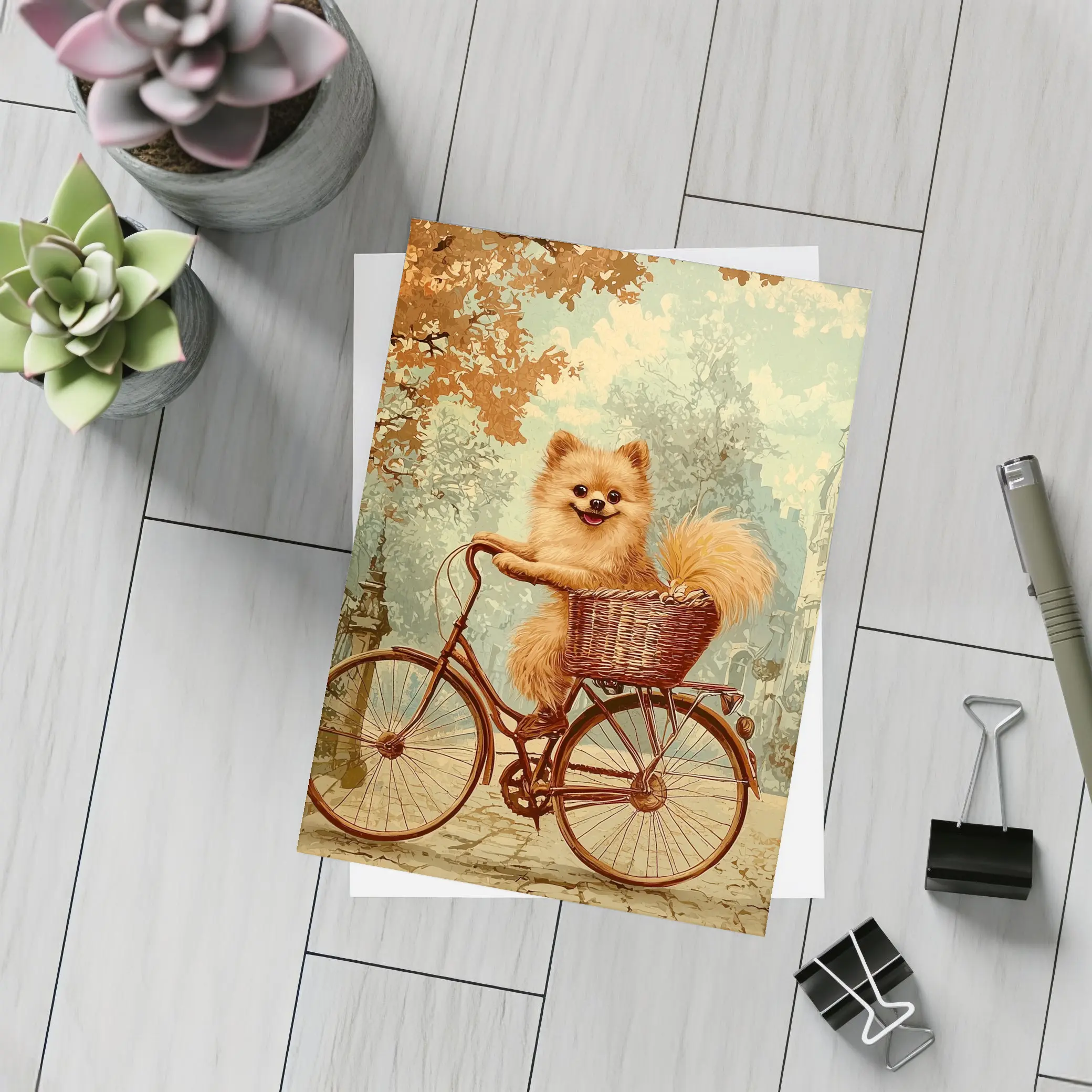 Pomeranian Dog Riding Bicycle Vintage Street – Postcards