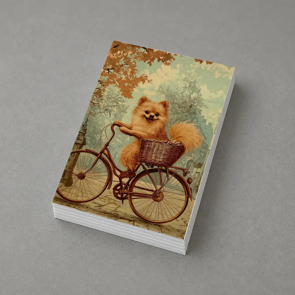 Pomeranian Dog Riding Bicycle Vintage Street – Postcards