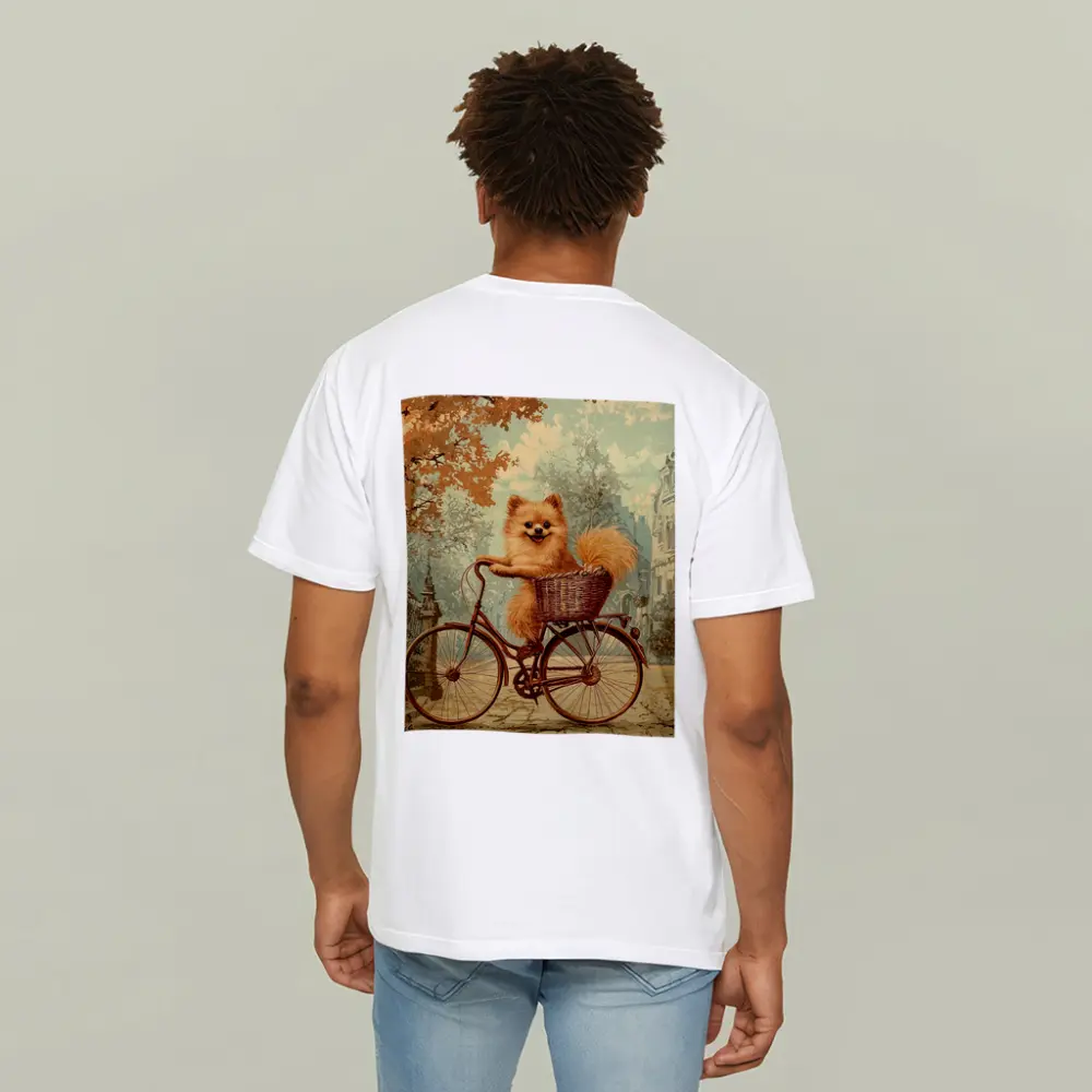 Pomeranian Dog Riding Bicycle Vintage Street – T-Shirts