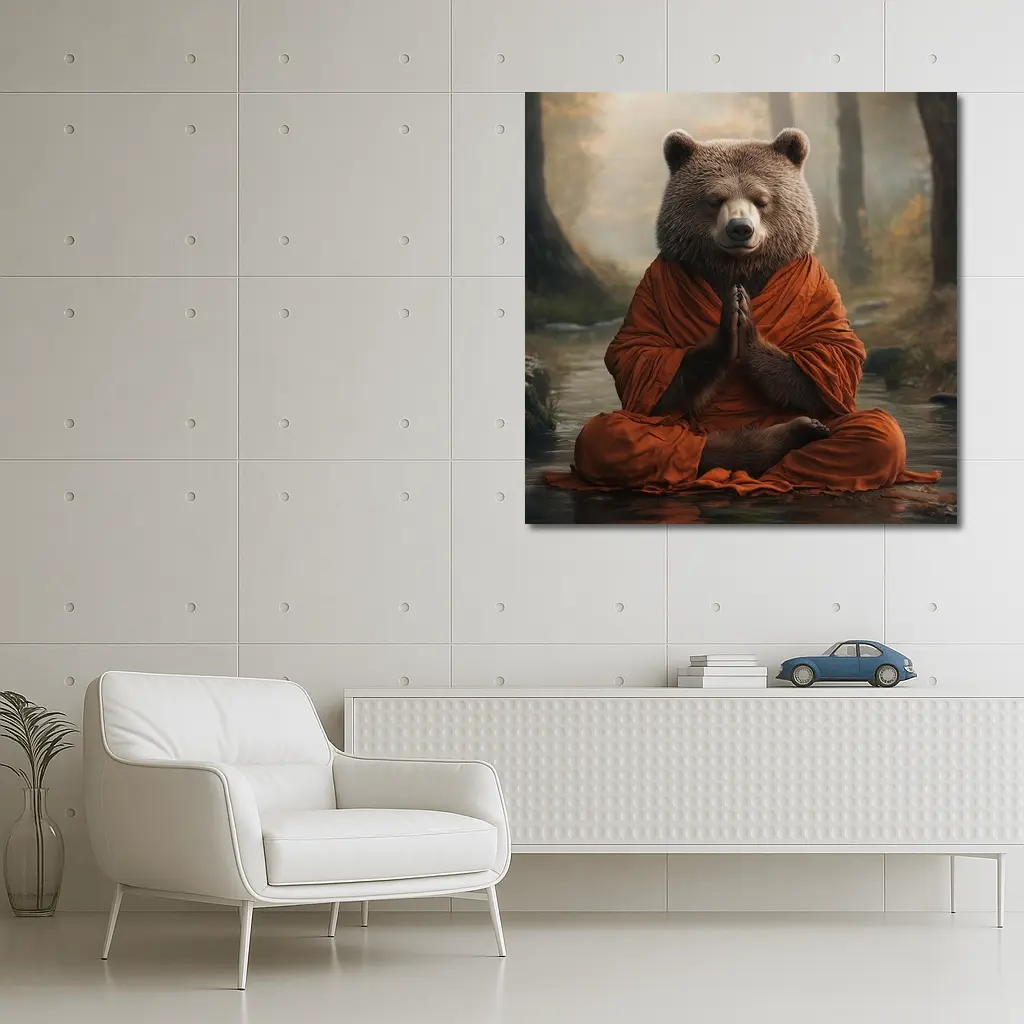 Meditating Bear Monk in Forest – Wall Art