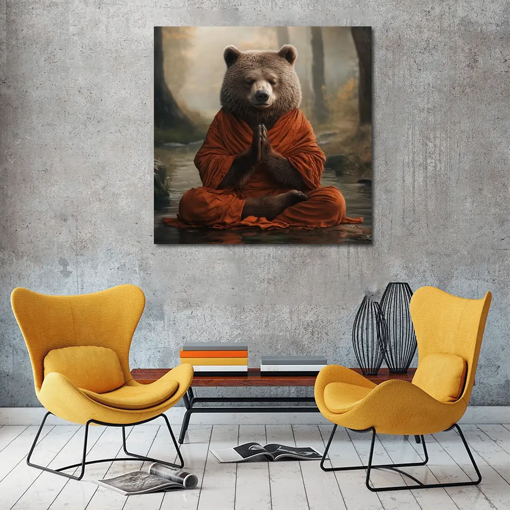 Meditating Bear Monk in Forest – Wall Art