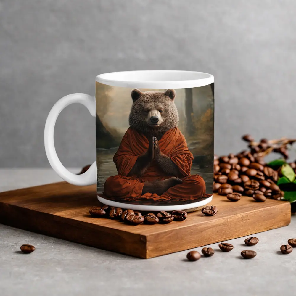 Meditating Bear Monk in Forest – Mugs